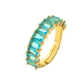 Adjustable gold open ring featuring light blue rectangular zircon stones on white background - Green