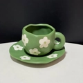 Hand-painted green tulip ceramic coffee cup and saucer set with irregular wavy edges - 250ML / Green Floral
