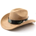 Detailed embroidery and turquoise buckle on a camel suede western cowboy hat band - M(56-58cm) / Khaki