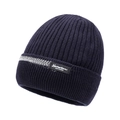 Navy blue winter knit beanie with Narason logo and grey stripe detail - Navy Blue