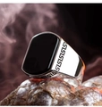 Men's vintage titanium steel ring with black stone and Greek meander engraving - US 13 / Style 9