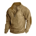 Men's khaki stand collar sweatshirt with quarter-zip and elbow patch detailing - Khaki