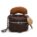 Brown quilted PU leather mini bag with plush bread handle and cookie charm accessory - Brown
