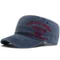 Vintage washed navy blue cadet hat with red embroidered lettering and flat top design - Navy Blue