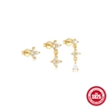Three-piece gold S925 silver earring set with white zircon four-leaf flower charms - Set of 3-Gold#2 / 925 Silver