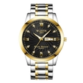 Classic silver-gold stainless steel quartz watch with black textured dial and diamonds - Men's Two-tone Black Dial