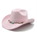 Pink bohemian western hat featuring a suede texture and beaded decorative band detail - Pink