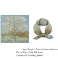 Macro view of Van Gogh Blooming Peach Tree silk scarf with twill texture and knots - Peach Tree In Blossom Pattern / 53cm x 53cm