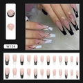 Press-on nails with nude pink base, black and white French tips and gold glitter lines - Long Coffin French / Black and White Gold Stripes (W124) (Glue Style)