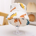 Close-up of children's white dinosaur print sun hat with adjustable windproof drawstring - Off-white Big Dinosaur