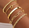 Five-piece gold-plated titanium steel bracelet set featuring paperclip and bead chains - Gold Elastic Bead Bracelet Bangle 5-Piece Set