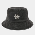 Close-up of white helm embroidery on washed grey cotton bucket hat with fine stitching - One Size / Black