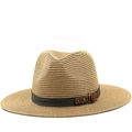 Classic khaki straw fedora hat with green ribbon and leather strap on white background - M (56-58cm) / Khaki