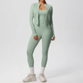Three-piece yoga set including zip-up jacket, sports bra and high-waist leggings - S / Basil Green