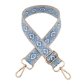 Close-up of beige woven bag strap with blue diamond pattern and gold metal buckles - T9-Lake Blue