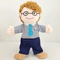 Father hand puppet toy with brown curly hair, glasses, and blue striped shirt - Full Body Father