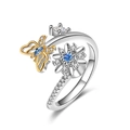 Silver open ring with blue crystal butterfly and daisy flower details - Rose Gold AJ706 Butterfly Flower