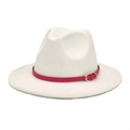 Detail of cream wool fedora hat featuring a magenta leather belt and golden buckle - M(56-58cm) / White