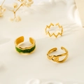 Elegant gold titanium steel ring set featuring green enamel and beaded wave designs - J658-Green Enamel Gold 3-Piece Set