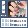 Uñas postizas vintage de tablero azul y degradado marrón con set de 24 piezas - Estilo De Tablero De Ajedrez Azul Vintage (R964)