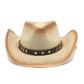 Detail of gradient woven straw cowboy hat featuring metallic studs on a brown decorative band - M / Beige Warm Orange Gradient (2)