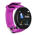 Purple smart watch with round color screen showing fitness steps and heart rate data - Purple