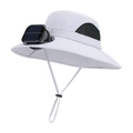 White solar fan sun hat with wide brim, breathable mesh, and adjustable wind rope - Light Gray