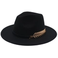 Detail of wool felt fedora hat featuring an elegant golden feather metal accessory - M(56-58cm) / Black (Golden Leaf)