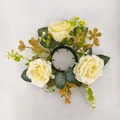 Artificial white rose candle ring wreath with green leaves for romantic table decoration - White