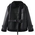 Chaqueta aviadora corta negra con forro de borreguillo sintético y cintura con cinturón - S / Estilo Corto