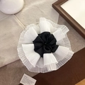 Elegant large black and white double layer lace hair scrunchie with floral pleated design - Q700-1 Hepburn Style Black White Pleated