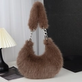 Dark brown crescent plush shoulder bag with silver chain and fluffy faux fur texture - Coffee