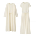 Three-piece cream knit loungewear set with cardigan, top, and drawstring trousers - S / Off White