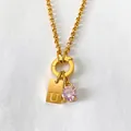 Gold plated stainless steel necklace with letter U tag and pink zircon pendant accessory - Letter U