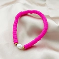 Hot pink Heishi clay bead bracelet with natural Baroque pearl and golden accents - Rose Red