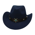 Detail of dark blue felt cowboy hat featuring leather band with star badge and turquoise - Navy Blue (Star Decor)