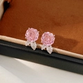 Macro shot of pink cubic zirconia rose earrings with pave leaf details on velvet - Silver Rose Style (Pink Zircon) / Silver-Pink