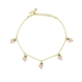 Adjustable gold chain bracelet with cute pink peach charms and tiny green leaves - Peach Style (XL00133)