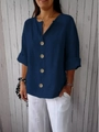 Chemisier femme bleu foncé à col en V avec boutons jaunes et manches retroussées - Navy Blue (4 Buttons)