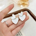 Elegant white and gold stacked heart earrings with polished drip oil finish for women - White