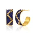French vintage 18K gold plated C-shape earrings with blue enamel and wave pattern - Dark Blue Wave C-Shape (KE0653-3)