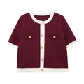 Damen Strickjacke in Burgunderrot mit Kontrastsaum und goldenen Knöpfen im eleganten Stil - S / Weiß Rot