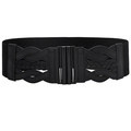 Detail of black wide elastic waist belt for women with intricate woven faux leather pattern - Black-Black Buckle