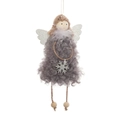 Grey plush Christmas angel ornament with silver wings and white feathers on white background - Curly Hair Angel Pendant / Gray