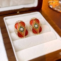 Vintage gold earrings with pearl and colorful enamel in a luxury velvet jewelry box - Silver Needle-Golden Oil-Drop Square