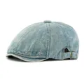 Light blue washed denim newsboy cap with vintage metal buckle and paneled texture - One Size (55-60cm Adjustable) / Medium Blue