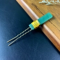 Handmade green crystal quartz hair fork with gold wire wrapping on vintage wood tray - Green Aventurine
