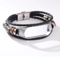Ethnic style black braided leather strap with silver metal frame for smart bracelet - Gen 7: Black Leather + Silver Frame