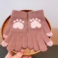 Brown knitted gloves with pink paw pads and touchscreen fingertips for winter warmth - Cat Paw / Dark Coffee