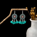 Bohemian mandala earrings with turquoise green tassels and silver metal finish - E5938-3 Green Cloth Petal